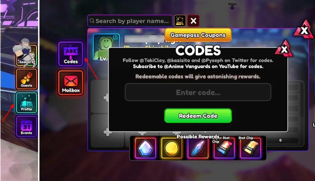 Anime Vanguards codes redemption interface showing the codes input field and redeem button.