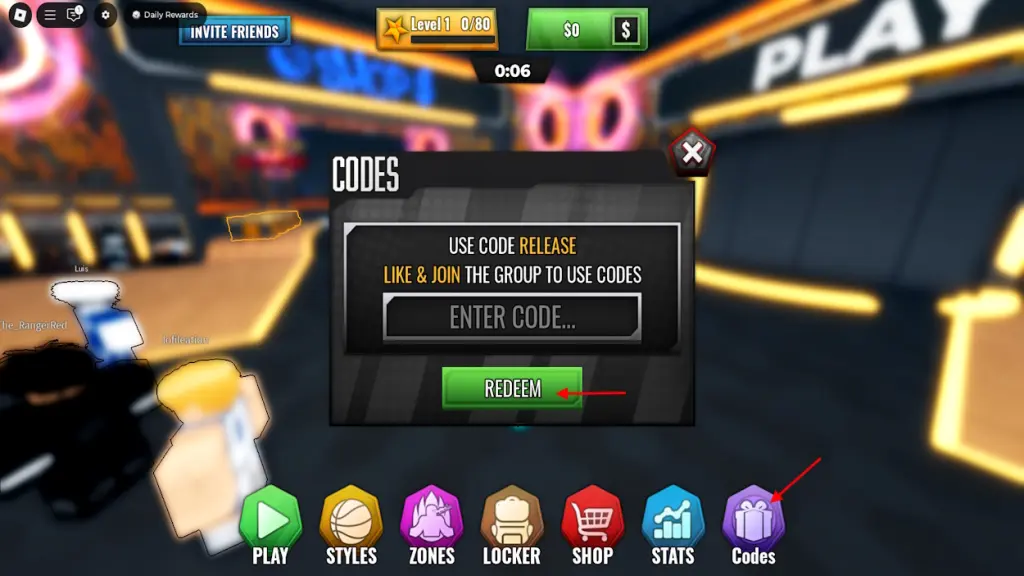 Basketball Zero codes redemption interface showing the codes input field and redeem button.