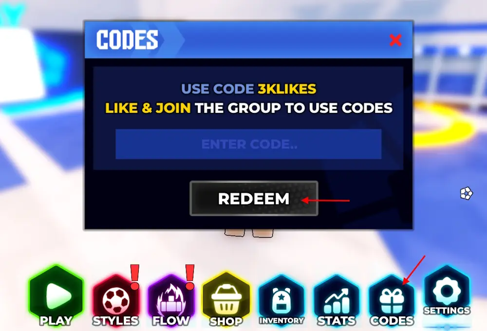 Blue Lock Rivals code redemption interface showing the codes input field and redeem button.