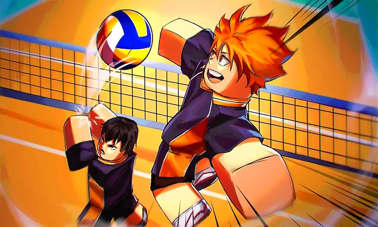 Volleyball Legends gameplay featuring players on the volleyball court in Roblox.