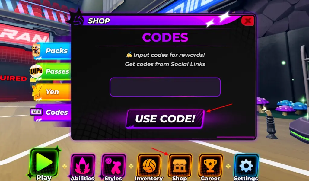 Volleyball Legends codes redemption interface showing the codes input field and redeem button.