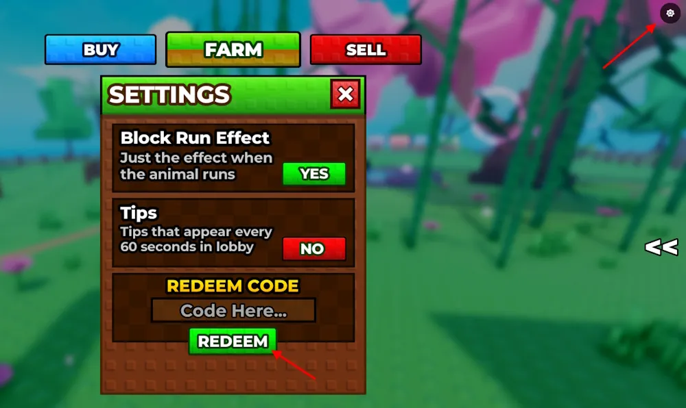 Raise Animals codes redemption interface showing the codes input field and redeem button.